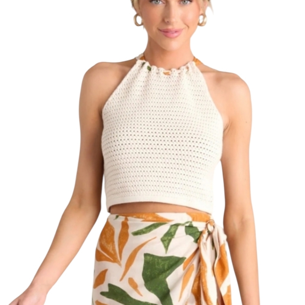 Dress Forum Cream Crochet Tank Top Small Beach Vacation Tropical Print Tie